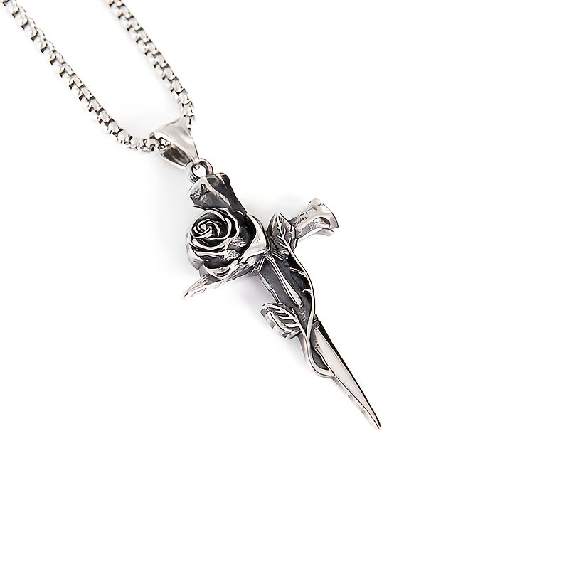 1pc Men's Titanium Steel Keel Chain Cross And Rose Pendant Necklace Vintage Nail Design Sweater Chain