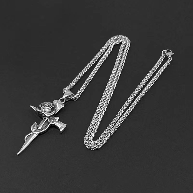 1pc Men's Titanium Steel Keel Chain Cross And Rose Pendant Necklace Vintage Nail Design Sweater Chain