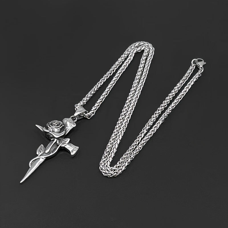 1pc Men's Titanium Steel Keel Chain Cross And Rose Pendant Necklace Vintage Nail Design Sweater Chain
