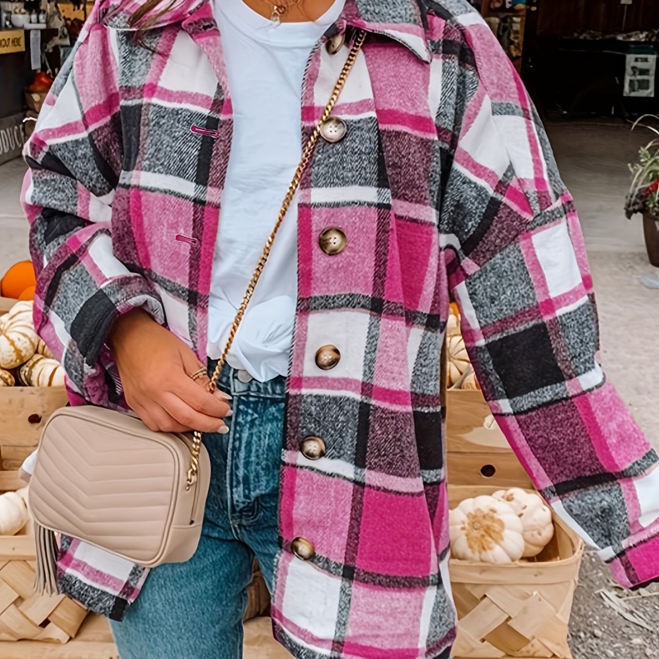 Drop Shoulder Plaid Shirt Jacket, Loose Long Sleeve Casual Plaid Shacket For Spring & Fall, Women's Clothing