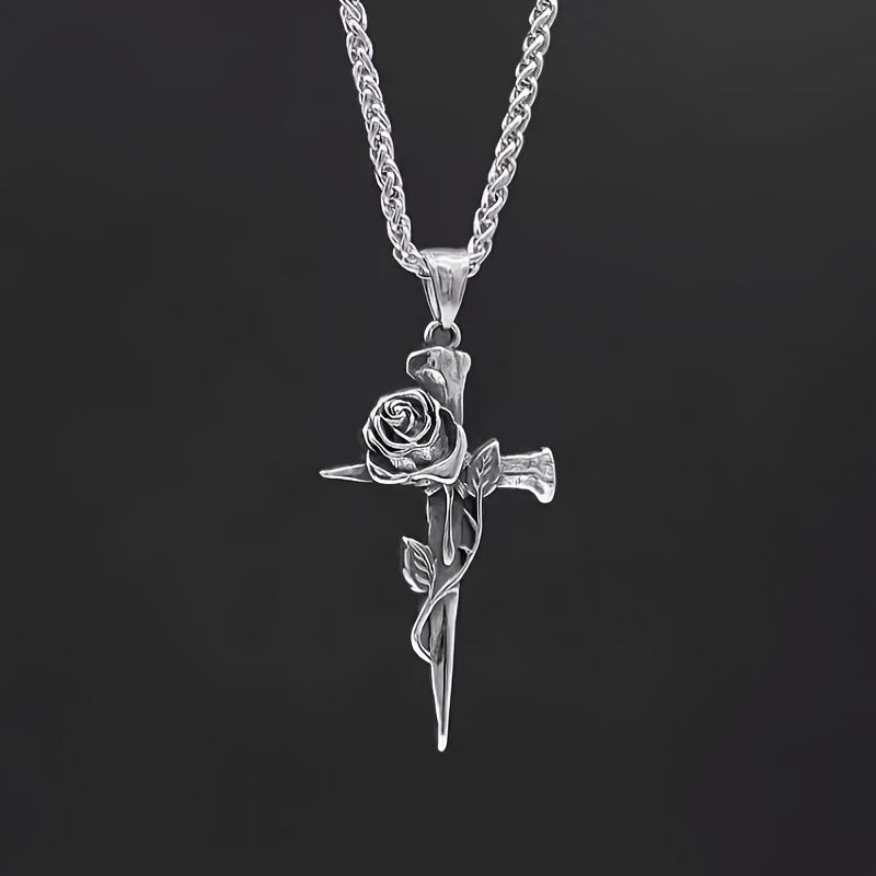 1pc Men's Titanium Steel Keel Chain Cross And Rose Pendant Necklace Vintage Nail Design Sweater Chain