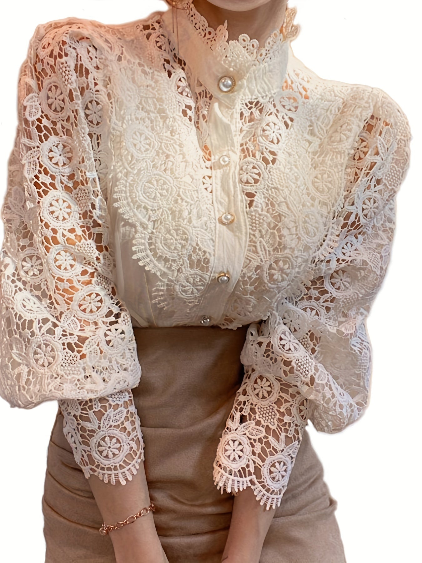 Women's Blouse Lace Puff Sleeve Lantern Sleeve Solid Pleated Women Blouse