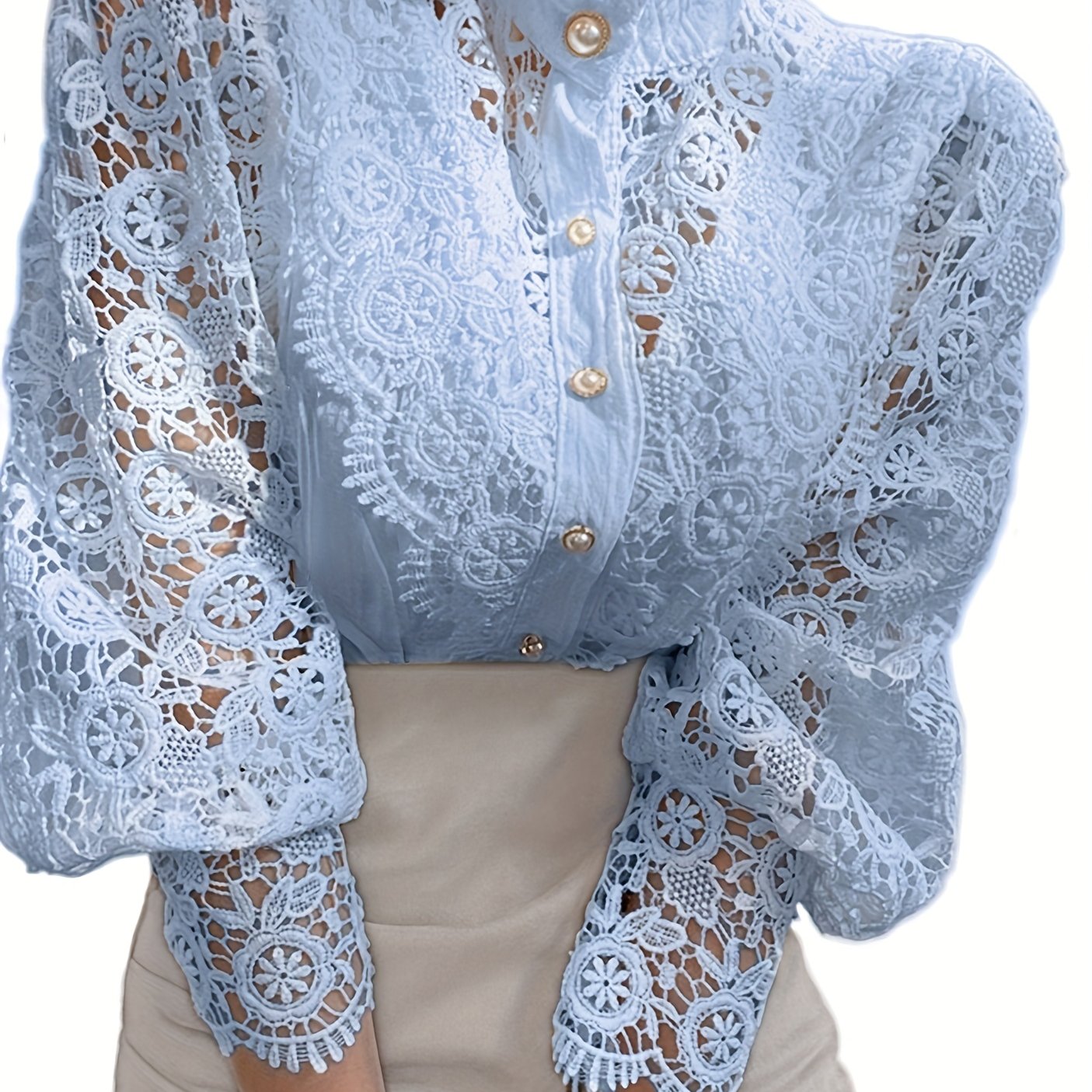Women's Blouse Lace Puff Sleeve Lantern Sleeve Solid Pleated Women Blouse