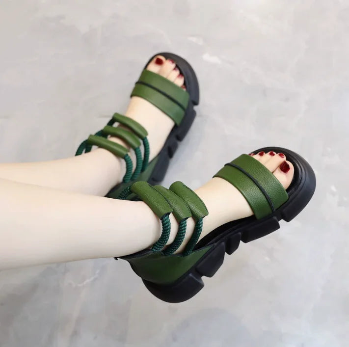 Thick Heel Women Sandals Women's New Hollow Open Toe Shoes Fashion Casual Sandals Female Designer Flat Roman Shoes Summer 2025