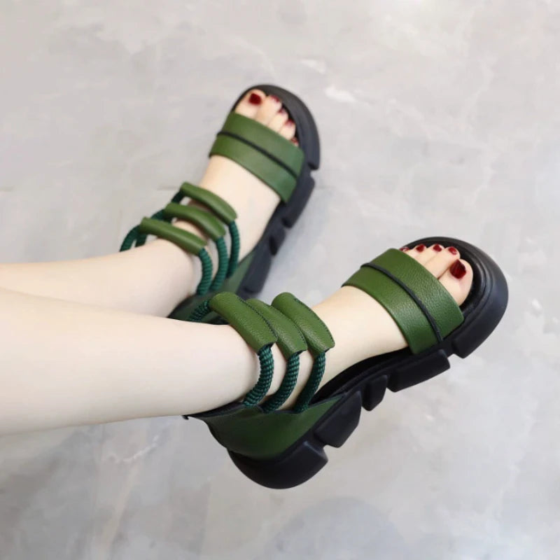 Thick Heel Women Sandals Women's New Hollow Open Toe Shoes Fashion Casual Sandals Female Designer Flat Roman Shoes Summer 2025