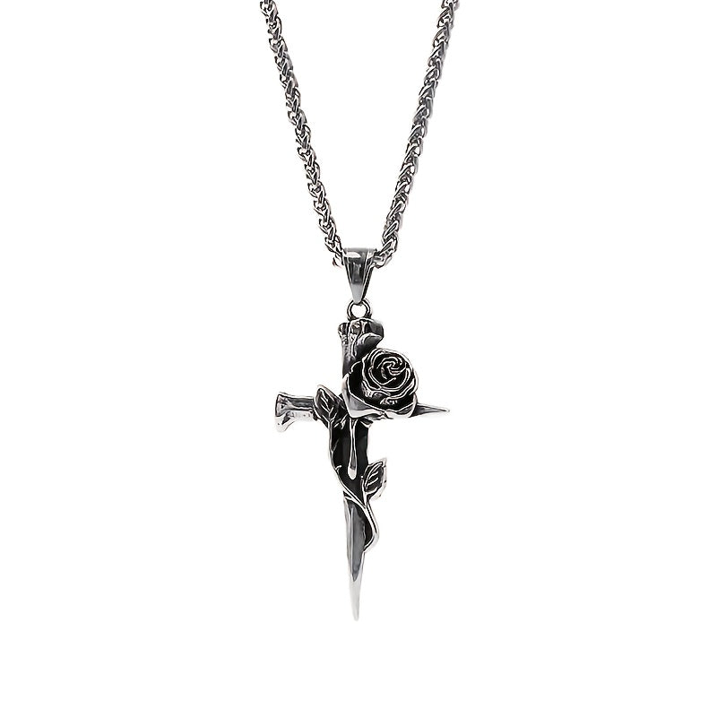 1pc Men's Titanium Steel Keel Chain Cross And Rose Pendant Necklace Vintage Nail Design Sweater Chain