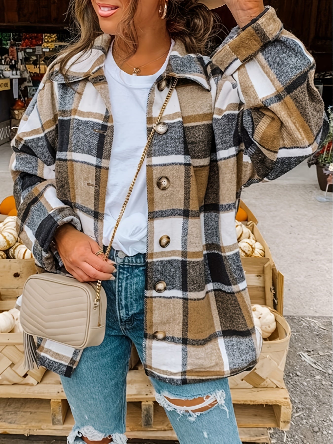 Drop Shoulder Plaid Shirt Jacket, Loose Long Sleeve Casual Plaid Shacket For Spring & Fall, Women's Clothing