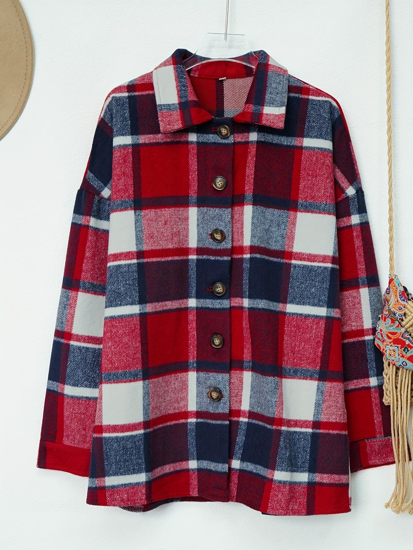 Drop Shoulder Plaid Shirt Jacket, Loose Long Sleeve Casual Plaid Shacket For Spring & Fall, Women's Clothing