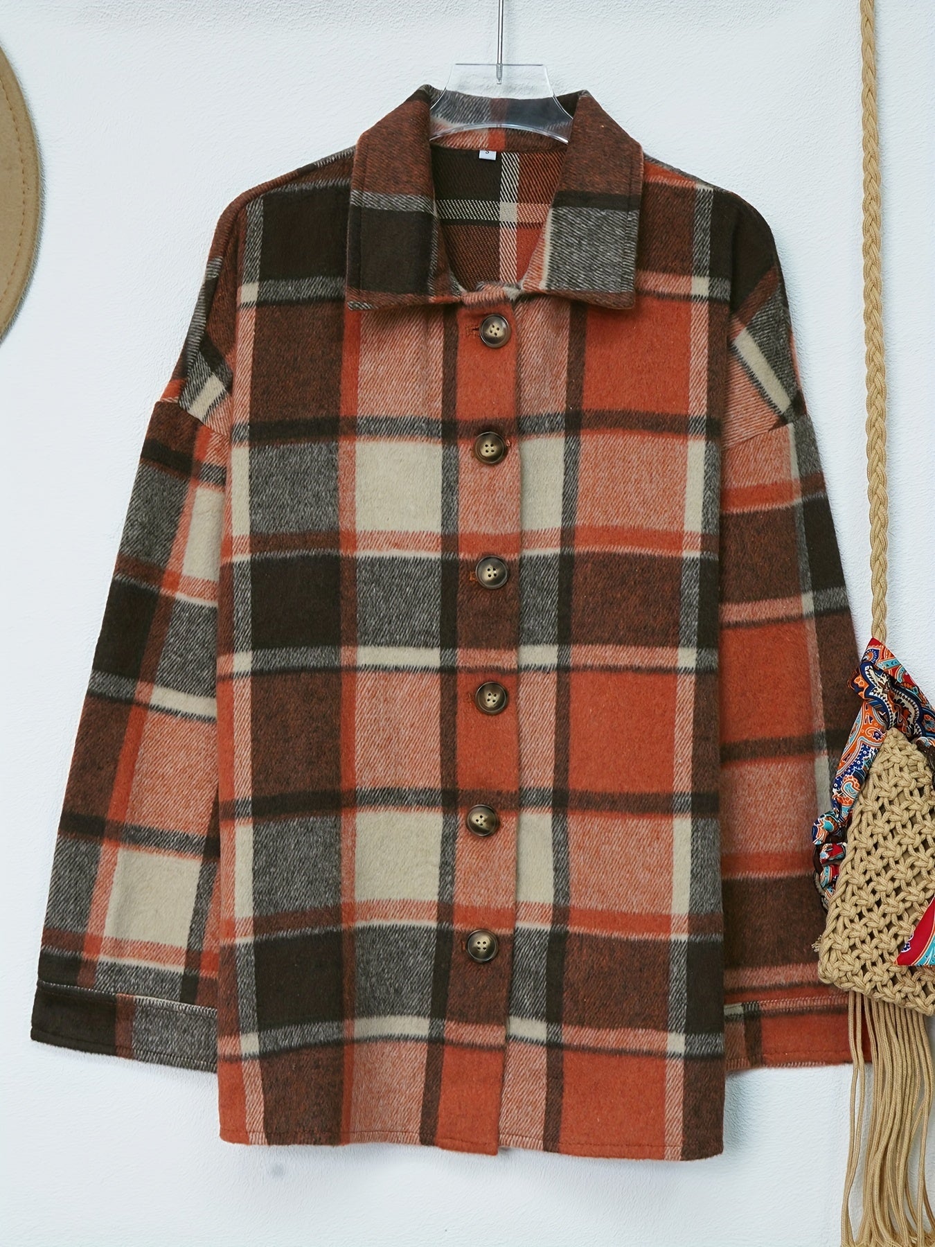 Drop Shoulder Plaid Shirt Jacket, Loose Long Sleeve Casual Plaid Shacket For Spring & Fall, Women's Clothing