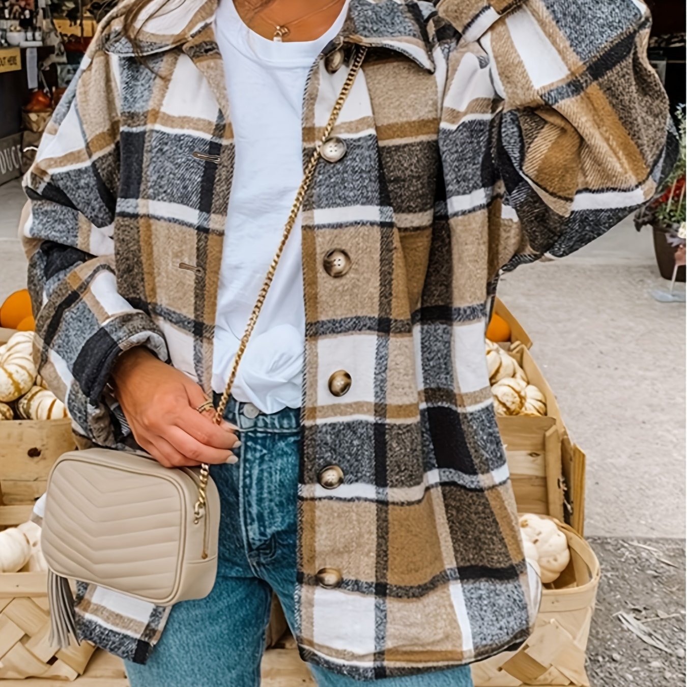 Drop Shoulder Plaid Shirt Jacket, Loose Long Sleeve Casual Plaid Shacket For Spring & Fall, Women's Clothing
