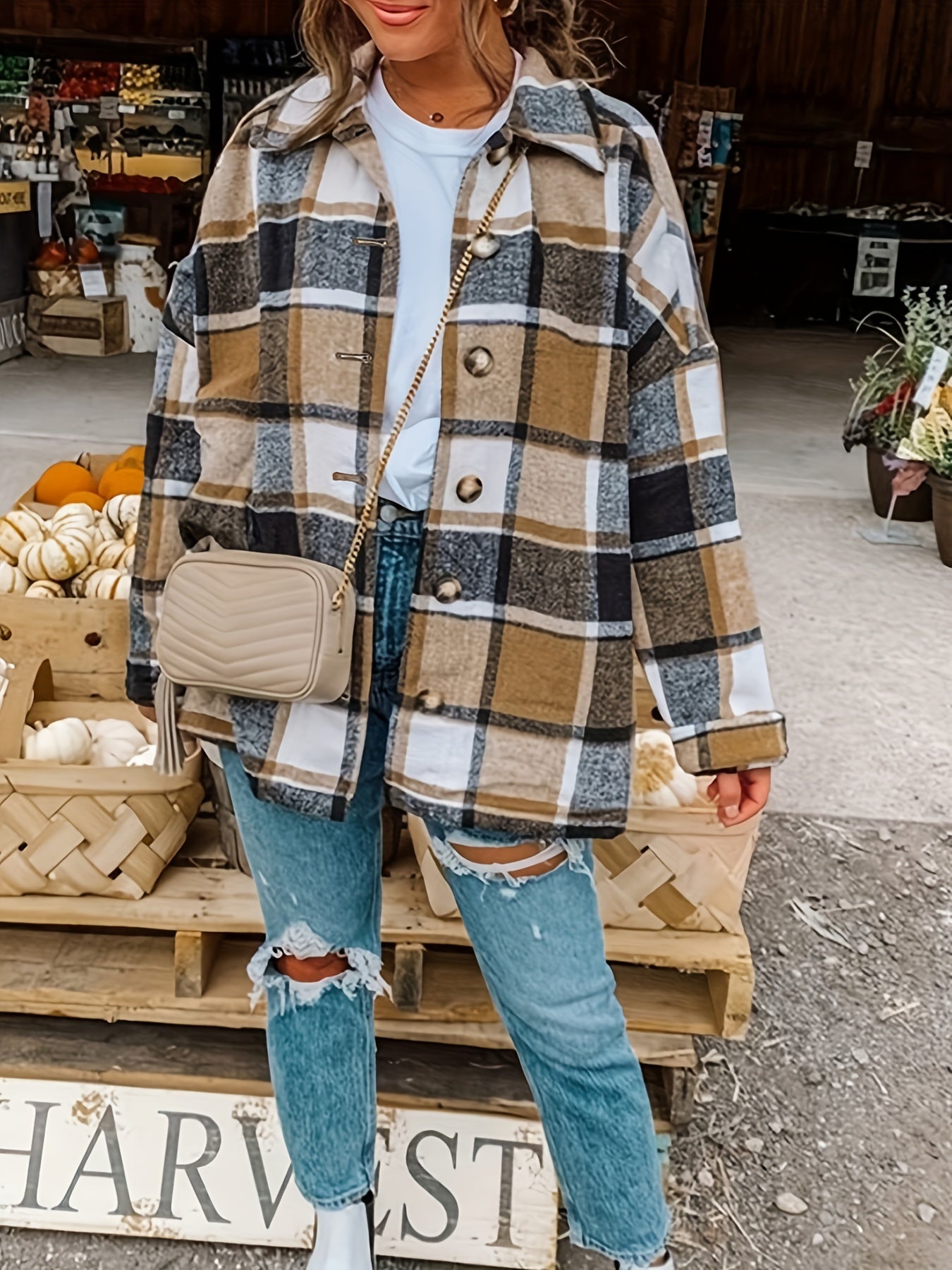 Drop Shoulder Plaid Shirt Jacket, Loose Long Sleeve Casual Plaid Shacket For Spring & Fall, Women's Clothing