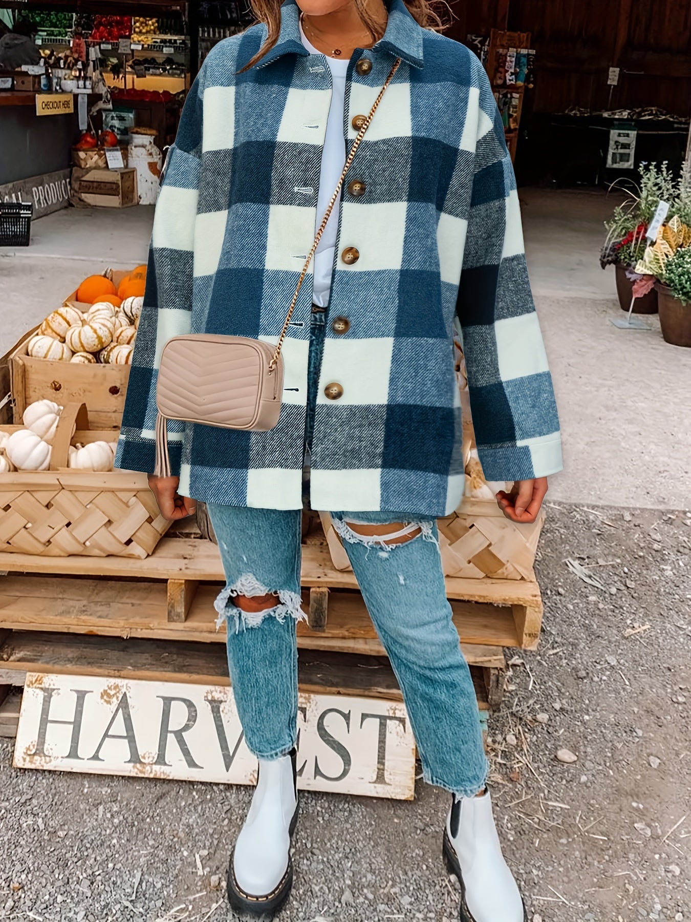 Drop Shoulder Plaid Shirt Jacket, Loose Long Sleeve Casual Plaid Shacket For Spring & Fall, Women's Clothing