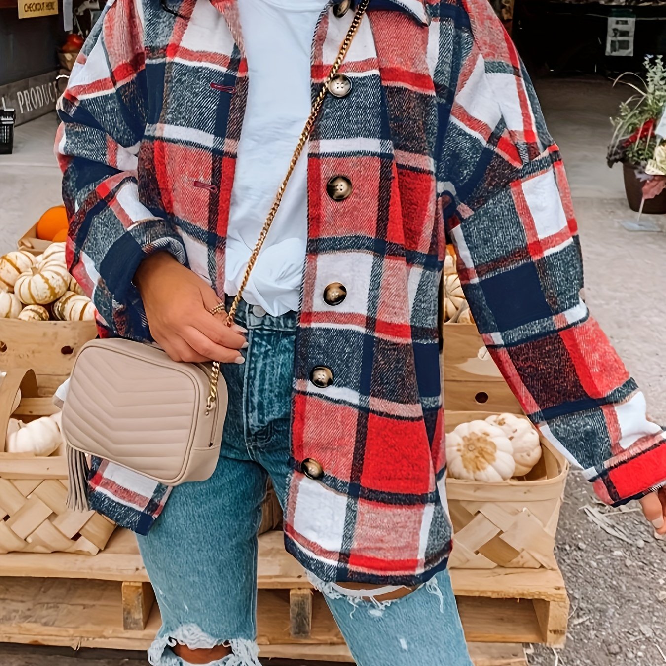 Drop Shoulder Plaid Shirt Jacket, Loose Long Sleeve Casual Plaid Shacket For Spring & Fall, Women's Clothing