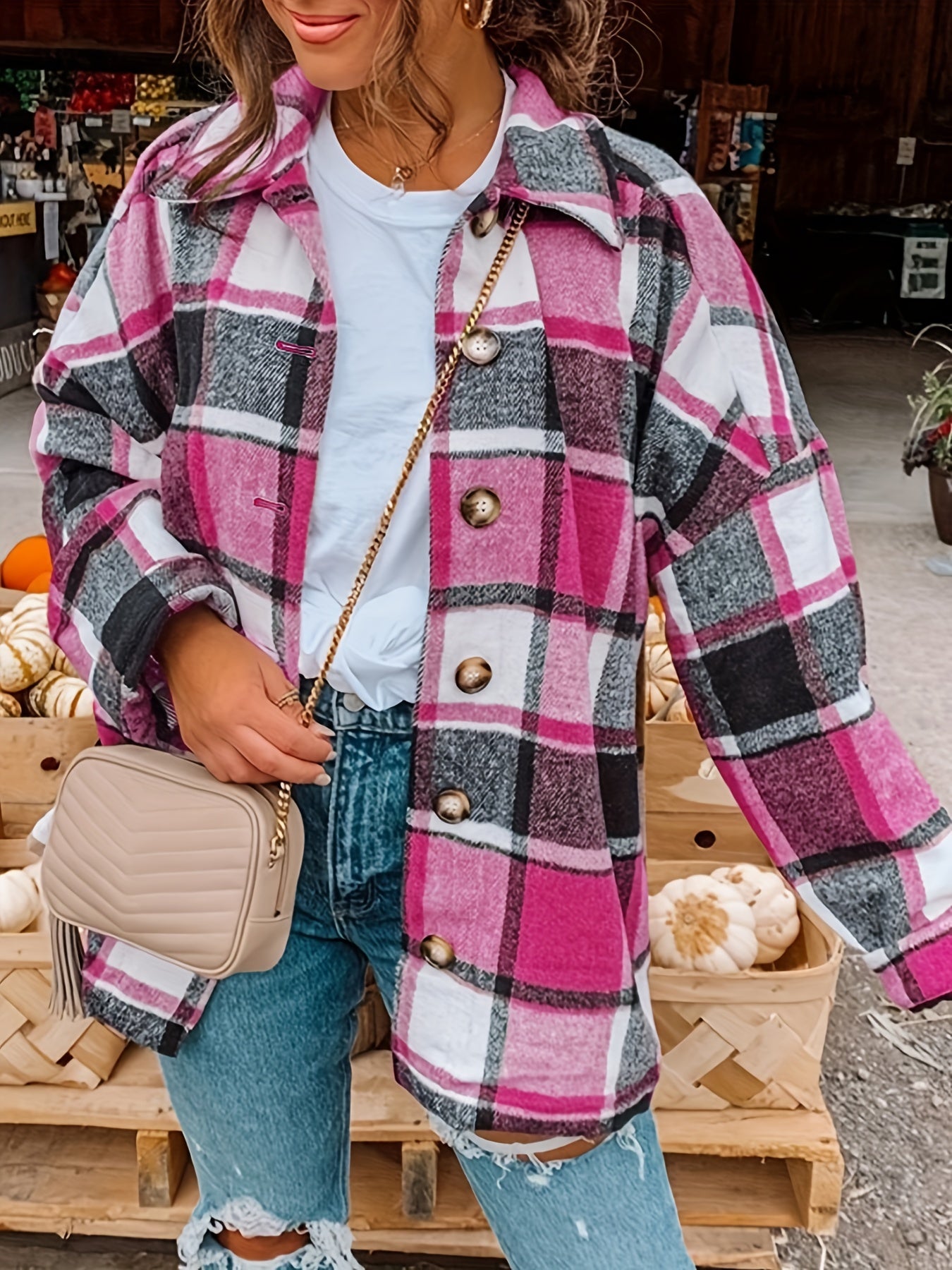 Drop Shoulder Plaid Shirt Jacket, Loose Long Sleeve Casual Plaid Shacket For Spring & Fall, Women's Clothing