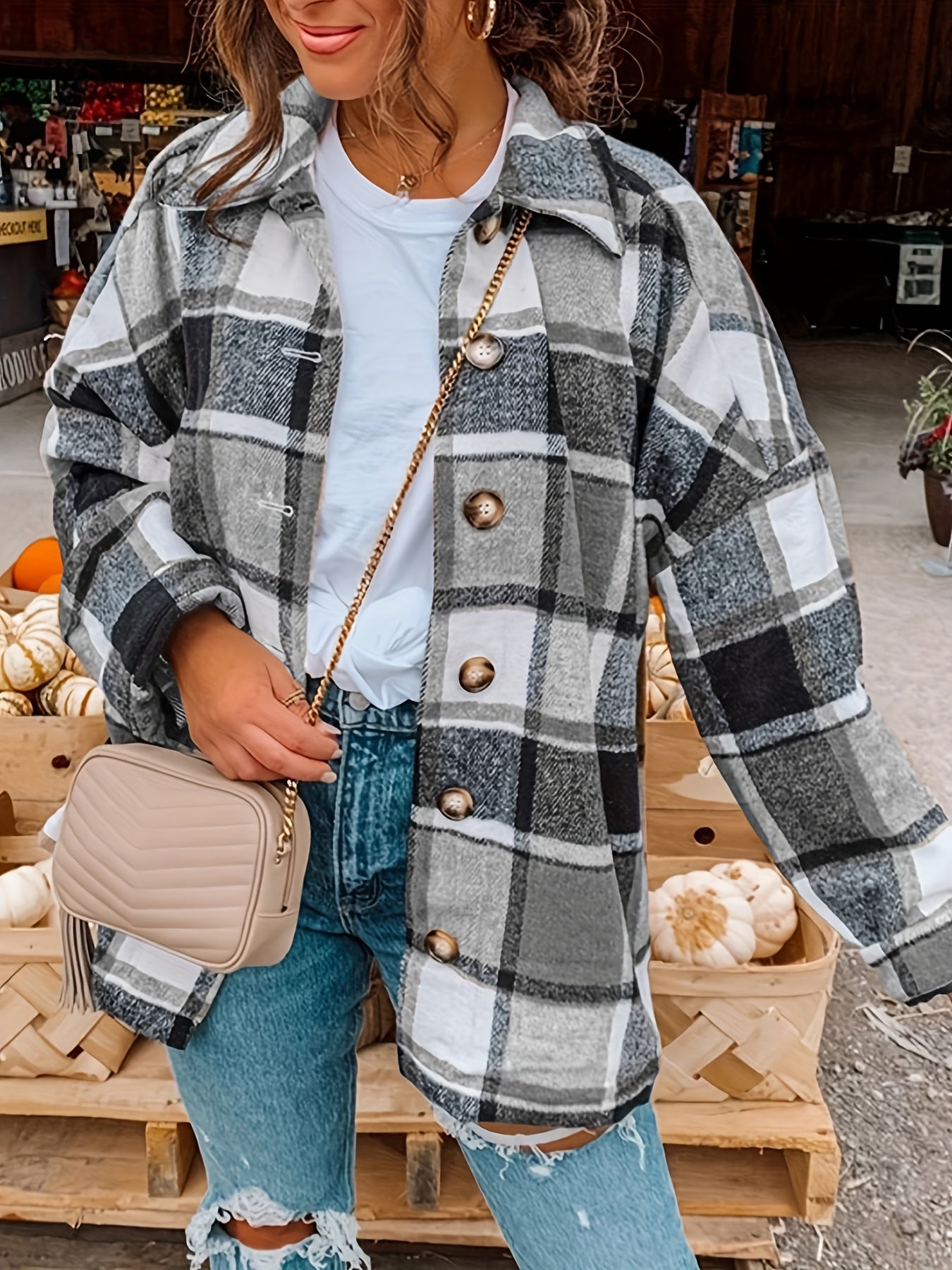 Drop Shoulder Plaid Shirt Jacket, Loose Long Sleeve Casual Plaid Shacket For Spring & Fall, Women's Clothing
