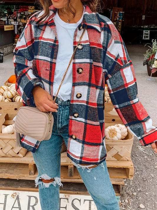 Drop Shoulder Plaid Shirt Jacket, Loose Long Sleeve Casual Plaid Shacket For Spring & Fall, Women's Clothing