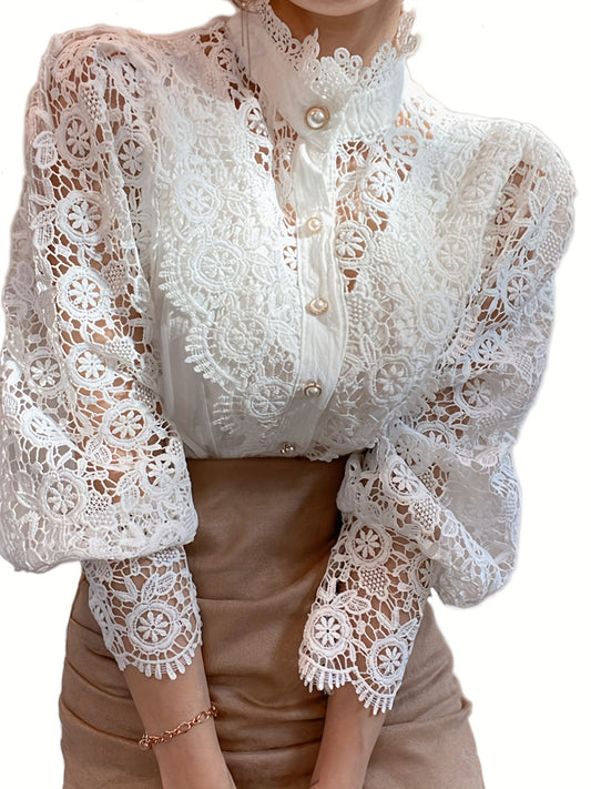 Women's Blouse Lace Puff Sleeve Lantern Sleeve Solid Pleated Women Blouse