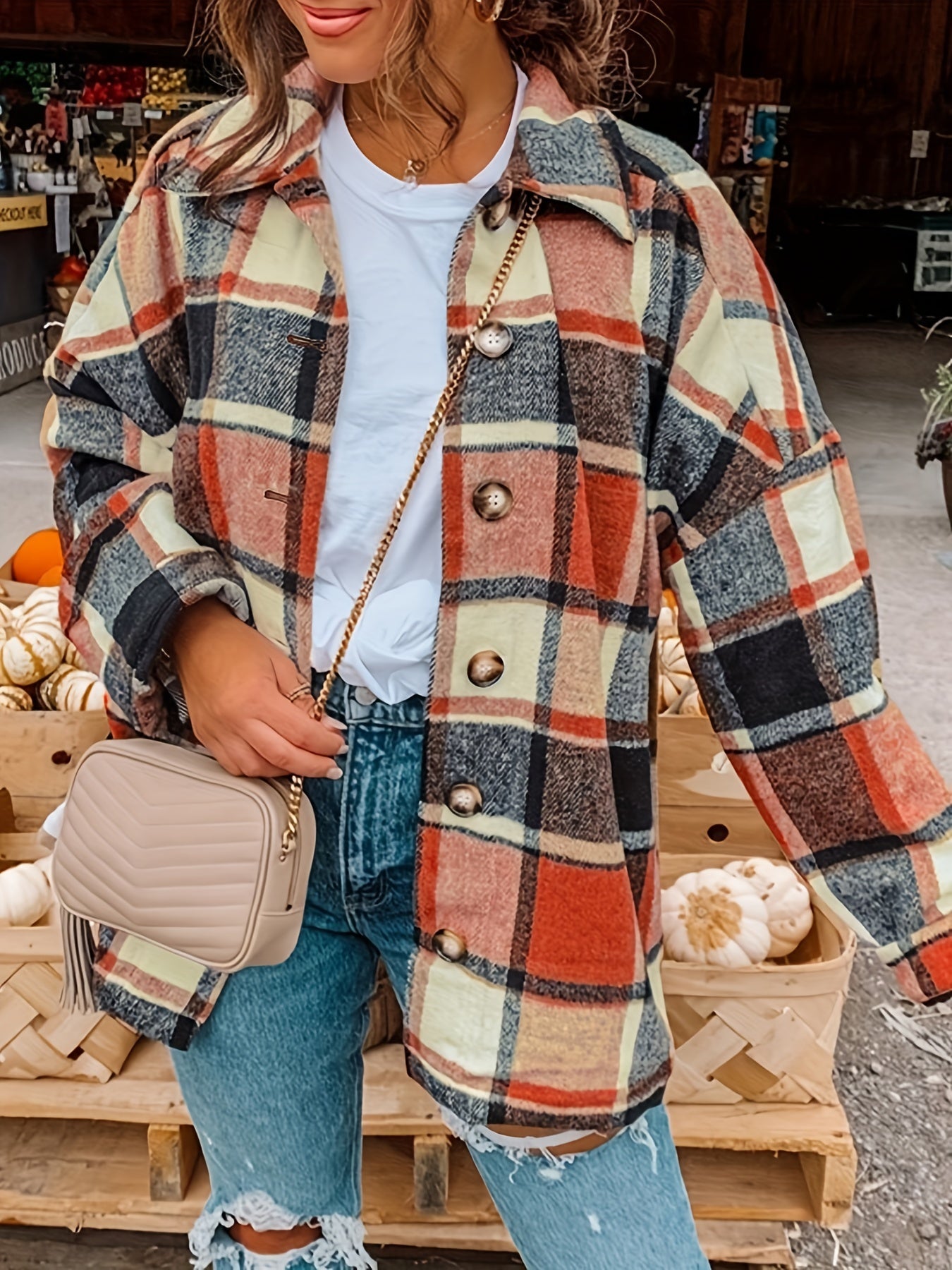 Drop Shoulder Plaid Shirt Jacket, Loose Long Sleeve Casual Plaid Shacket For Spring & Fall, Women's Clothing