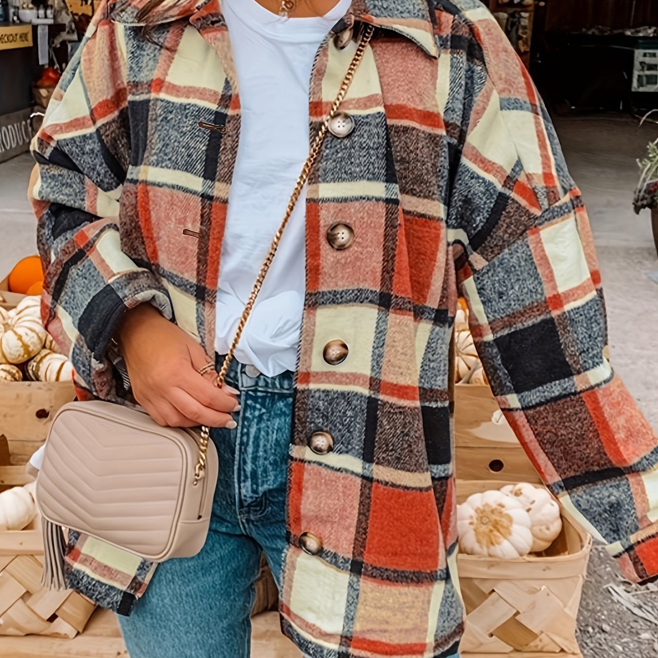 Drop Shoulder Plaid Shirt Jacket, Loose Long Sleeve Casual Plaid Shacket For Spring & Fall, Women's Clothing